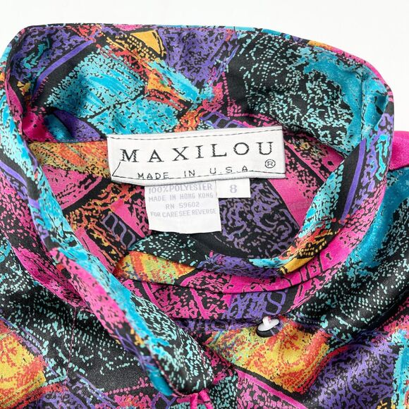 Vintage Maxilou Womens Blouse Size 8 Satin Vibrant Dopamine Colorful Statement - Picture 6 of 9